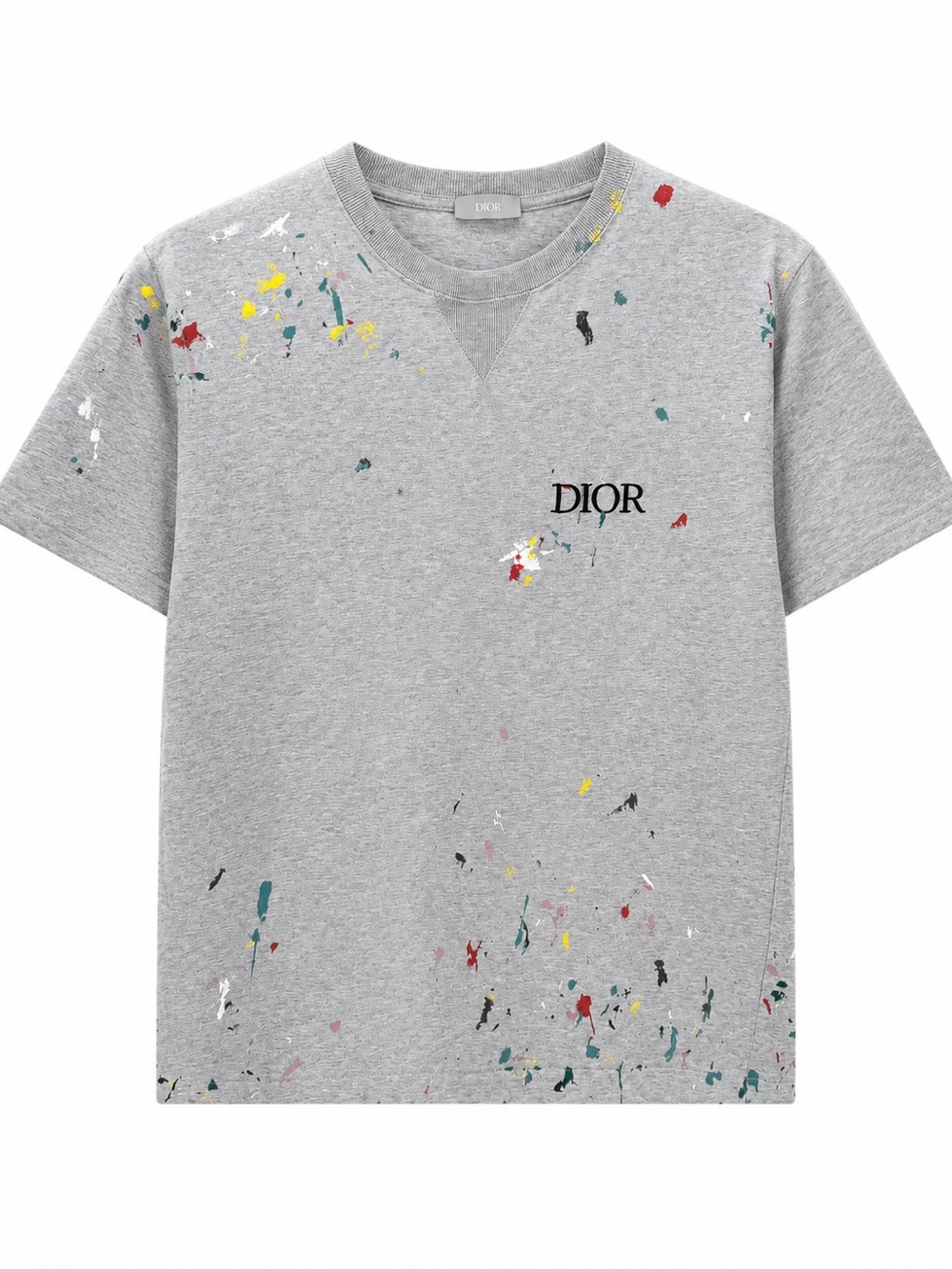 Dior Grey Short Sleeve Tee with Multicolor Paint-Splatter